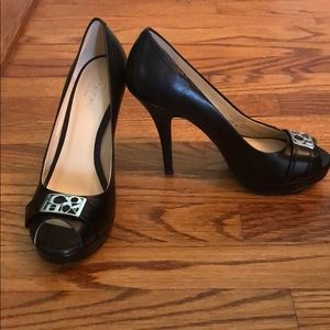 Size 7 black Coach peep toe heels